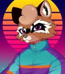  2020 anonymous_artist anthro brown_body brown_fur clothed clothing detailed_background fur male mammal outrun portrait procyonid purple_eyes raccoon solo topwear 