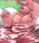  2020 anthro bathing blush canid canine canis domestic_dog genitals humanoid_hands kemono male mammal misterdonn muscular penis sitting solo water 