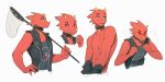  absurd_res animal_crossing anthro blush bug_net chameleon choker clothed clothing flick_(animal_crossing) goth hi_res horn jewelry lizard male necklace nintendo notglacier piercing red_body red_scales reptile scales scalie solo topless undressing video_games 