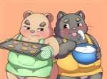  2020 anthro apron belly black_body black_fur blush brown_body brown_fur bulge clothing cookie domestic_cat duo felid feline felis food fur hi_res inigo_(kusosensei) kemono kusosensei male mammal overweight overweight_male rocky_(kusosensei) simple_background tongue tongue_out underwear ursid 