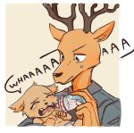  ambiguous_gender anthro antlers baby baby_bottle beastars bodily_fluids brown_body brown_eyes brown_fur canid canine canis cervid cervine clothed clothing comic crying diaper duo english_text fan_character fangs father father_and_child fur holding_object horn hybrid looking_at_another louis_(beastars) male mammal parent parent_and_child red_deer senbug simple_background sweat sweatdrop tan_body tan_fur tears text wolf young 