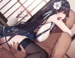  1boy 1girl ass azuma_(azur_lane) azur_lane bangs bare_shoulders black_hair black_legwear blush breasts brown_eyes clothed_female_nude_male clothed_sex cum cum_in_pussy dress dutch_angle faceless faceless_male floral_print flower from_side garter_straps girl_on_top hair_between_eyes hair_flaps hair_flower hair_ornament happy_sex hetero hug indoors large_breasts leg_lift long_hair nude open_mouth overflow penis sex sitting sitting_on_person siu_(siu0207) straddling thigh_grab thighhighs torn_clothes torn_dress upright_straddle vaginal vase very_long_hair white_flower 