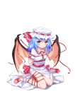  1girl absurdres arms_up bangs bat_wings blue_hair blush bobby_socks bound dress hat hat_ribbon highres long_hair looking_at_viewer mitaojiu_(wumiaoxiao_mengjiu) mob_cap pink_footwear puffy_short_sleeves puffy_sleeves red_eyes red_ribbon red_sash remilia_scarlet ribbon sash shoes short_sleeves sitting socks solo tied_up touhou transparent_background wariza white_dress white_headwear white_legwear wings 