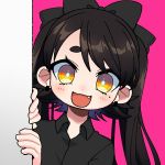  1girl :d aori_(splatoon) around_corner bangs black_border black_shirt border bow bright_pupils brown_eyes collared_shirt commentary_request earrings eyebrows_visible_through_hair fang hair_bow humanization jewelry long_hair looking_at_viewer mole mole_under_eye open_mouth peeking_out picrew purple_background shirt simple_background smile solo splatoon_(series) splinter_fish59 swept_bangs twintails white_pupils 