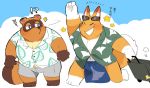  ?! animal_crossing anthro canid canine clothing crazy_redd eyewear fox hyaku_(artist) japanese_text male mammal nintendo raccoon_dog shirt smile suitcase sunglasses tanuki text tom_nook_(animal_crossing) topwear video_games wave 