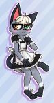  2020 animal_crossing anthro barefoot black_nose blush clothing domestic_cat embarrassed eyewear felid feline felis fur glasses grey_body grey_fur hair hi_res looking_aside maid_uniform mammal nintendo raymond_(animal_crossing) solo uniform video_games white_hair wilderlove 