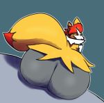  2019 anthro big_butt braixen butt butt_focus dipstick_tail fur huge_butt looking_at_viewer looking_back multicolored_body multicolored_fur multicolored_tail nintendo oofrowdy pok&eacute;mon pok&eacute;mon_(species) rear_view red_tail solo video_games white_body white_fur yellow_body yellow_fur yellow_tail 