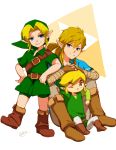  2019 blikeeeey blonde_hair blue_eyes boots breath_of_the_wild clothing footwear group hair humanoid humanoid_pointy_ears hylian link male nintendo not_furry one_eye_closed signature sitting smile square_crossover the_legend_of_zelda toon_link video_games wind_waker young_link 