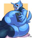  2019 absurd_res alternate_version_at_source anthro avian big_butt bird black_eyes blue_body blue_fur blush breasts butt butt_focus clothing female fingers fur hi_res huge_butt legwear looking_back non-mammal_breasts phone shirt smile solo thick_thighs topwear toto_draw tweetfur twitter 