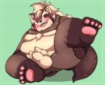  2020 absurd_res anthro balls belly blush brown_body brown_fur butt canid canine fur genitals goemon_(tas) hi_res humanoid_hands kemono kusosensei male mammal moobs nipples overweight overweight_male penis raccoon_dog simple_background solo tanuki tokyo_afterschool_summoners video_games 