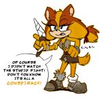  1:1 annoyed anthro badger boomerang clothing dialogue english_text female footwear fur half-closed_eyes holding_object mammal mustelid musteline narrowed_eyes open_mouth scottytheman signature simple_background solo sonic_boom sonic_the_hedgehog_(series) speech_bubble sticks_the_jungle_badger text video_games 