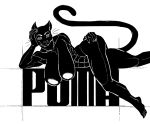  2020 5_fingers 5_toes absurd_res anthro breasts cougar domestic_cat eyelashes felid feline felis female fingers hi_res kaboozey logo looking_at_viewer mammal monochrome muscular nipples nude puma_(company) solo toes whiskers 