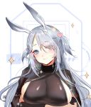  1girl absurdres animal_ears arknights asymmetrical_bangs bangs black_cloak black_gloves blue_eyes blush breast_hold breasts bunny_ears cloak crossed_arms gloves hair_over_one_eye highres large_breasts lips long_hair looking_at_viewer moyamoya_(moya11158375) parted_bangs savage_(arknights) short_twintails sideboob silver_hair simple_background smile solo sparkle twintails upper_body white_background 