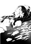  1girl blood blood_on_face breasts closed_eyes cuts greyscale headgear injury kantai_collection long_hair monochrome nisshin_(kantai_collection) partially_submerged sideboob small_breasts solo tooku_nomura_(artist) torn_clothes upper_body 