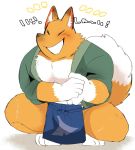  animal_crossing anthro apron blush canid canine clothing crazy_redd crouching fox hyaku_(artist) japanese_text male mammal muscular muscular_male nintendo shirt smile solo text topwear video_games 