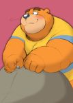  2020 animal_crossing anthro blush brown_body brown_fur clothing cute_fangs fur male mammal nintendo overweight overweight_male shirt simple_background solo teddy_(animal_crossing) topwear ursid video_games wantaro 