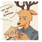  ? ambiguous_gender anthro antlers baby beastars brown_body brown_eyes brown_fur canid canine canis cervid cervine clothed clothing comic daughter diaper duo english_text fan_character father father_and_child fur horn hybrid louis_(beastars) male mammal parent parent_and_child red_deer senbug simple_background text wolf young 