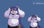  2020 anthro belly blue_background bottomwear canid canine canis clothing domestic_dog eddga_go kemono male mammal moobs navel overweight overweight_male shorts simple_background solo 