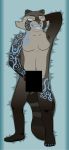  anthro blue_background blue_eyes blue_tongue body_pillow brown_body brown_fur censor_bar dakimakura_design dakimakura_pillow ear_piercing eyebrows facial_tattoo fur hands_behind_head hi_res light_underbelly looking_at_viewer lying male mammal on_back open_mouth piercing pillow procyonid raccoon raised_eyebrow simple_background snowflake solo suggestive tattoo tattoo_on_chest tattooed_arm thigh_tattoo tongue 