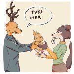  ? anthro antlers baby beastars blush brown_body brown_eyes brown_fur canid canine canis cervid cervine clothed clothing comic daughter diaper english_text fan_character father father_and_child father_and_daughter female fur group horn husband_and_wife hybrid juno_(beastars) legwear looking_at_another louis_(beastars) male mammal married_couple mother mother_and_child mother_and_daughter parent parent_and_child red_deer senbug simple_background socks tan_body tan_fur text wolf young 