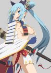  1girl alternate_costume aqua_(konosuba) armor bangs blue_eyes blue_gloves blue_hair breasts cleavage commentary_request cosplay cosplay_request detached_sleeves eyebrows_visible_through_hair gloves grey_background hair_bun hair_ornament holding japanese_armor katana kono_subarashii_sekai_ni_shukufuku_wo! long_hair long_sleeves medium_breasts no_bra no_panties one_side_up open_mouth pussy_peek revealing_clothes salpin simple_background single_glove smile solo sword upper_teeth weapon wide_sleeves 