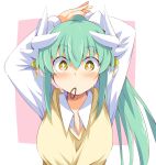 1girl adjusting_hair arms_behind_head blush border breasts chata_maru_(irori_sabou) commentary_request dragon_horns eyebrows_visible_through_hair fate/grand_order fate_(series) green_hair hair_between_eyes hair_ornament hair_tie_in_mouth highres horns kiyohime_(fate/grand_order) large_breasts long_hair looking_at_viewer mouth_hold pink_background ponytail school_uniform shirt solo tying_hair upper_body vest white_border white_shirt yellow_eyes yellow_vest 