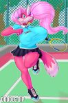  anthro big_breasts blush bottomwear breasts canid canine clothed clothing collar denisse digital_media_(artwork) doodle_dip female fox fur hair hi_res huge_breasts mammal nipples pink_hair skirt smile solo sport standing tennis tennis_court tennis_racket topwear 