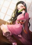  1girl asa_no_ha_(pattern) bamboo bit_gag black_hair black_legwear breasts checkered_obi doufu-sora0613 dutch_angle forehead gag hair_ribbon haori highres japanese_clothes kamado_nezuko kimetsu_no_yaiba kimono leg_wrap long_hair looking_at_viewer multicolored_hair obi off_shoulder orange_hair pink_eyes pink_kimono ribbon sandals sash sitting sliding_doors small_breasts solo sunlight two-tone_hair 