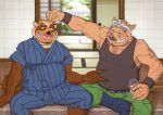  2016 anthro belly bottomwear brown_body brown_fur canid canine clothing duo fur humanoid_hands kemono male mammal overweight overweight_male pants raccoon_dog ryuta-h shirt sitting suid suina sus_(pig) tanuki topwear wild_boar 