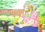  2016 anthro asgore_dreemurr blush boss_monster bottomwear bovid caprine clothing detailed_background humanoid_hands kemono male mammal outside overweight overweight_male pants ryuta-h shirt solo topwear undertale video_games 