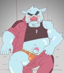  2009 angry anthro bed belly blue_body blush bottomwear bulge clothing furniture genitals humanoid_hands kemono male mammal navel pants penis ryuta-h shirt sitting slightly_chubby solo suid suina sus_(pig) topwear underwear wild_boar 