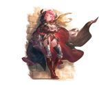  1girl asymmetrical_gloves bangs boots breasts brown_eyes cape cleavage cloak closed_mouth crossed_arms draph earrings elbow_gloves full_body garter_straps gloves granblue_fantasy hood hooded_cloak horns jewelry large_breasts leotard looking_away minaba_hideo official_art pink_hair pointy_ears shadow short_hair solo sturm_(granblue_fantasy) sword thigh_boots thighhighs transparent_background weapon 