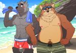  2016 anthro barazoku beach belly blush bulge canid canine canis clothing cute_fangs domestic_dog duo humanoid_hands kemono male mammal moobs muscular navel nipples outside overweight overweight_male pecs ryuta-h seaside swimwear towel water 