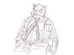  2016 4:3 anthro bodily_fluids bottomwear clothing humanoid_hands kemono male mammal necktie overweight overweight_male pants ryuta-h shirt simple_background solo suid suina sus_(pig) sweat topwear white_background wild_boar 