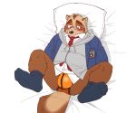  2016 anthro blush brown_body brown_fur bulge butt canid canine clothing eyewear fur glasses hoodie kemono lying male mammal necktie overweight overweight_male pillow raccoon_dog ryuta-h shirt solo tanuki topwear underwear 