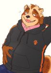 2018 absurd_res anthro blush bottomwear brown_body brown_fur canid canine clothing fur hi_res hoodie humanoid_hands kemono male mammal overweight overweight_male pants raccoon_dog ryuta-h simple_background solo tanuki topwear white_background 
