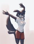  2020 anthro beastars blue_eyes bottomwear breasts canid canine canis cheek_tuft clothed clothing enginetrap facial_tuft female fully_clothed fur grey_body grey_fur hi_res juno_(beastars) light lighting looking_at_viewer mammal open_mouth open_smile pawpads shirt shorts smile solo t-shirt topwear tuft wolf 