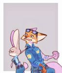  2020 anthro belt border bottomwear canid canine clothed clothing disney duo eyewear fox fully_clothed fur grey_background grey_body grey_fur holding_cup holding_object judy_hopps mammal necktie nick_wilde open_mouth orange_body orange_fur pants police_uniform red_fox shirt simple_background strawberry628_(artist) sunglasses topwear uniform white_border zootopia 
