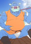  2018 anthro belly blue_body blue_fur blush clothing dragon_quest fur hi_res humanoid_hands kemono male mammal orc_(dragon_quest) orc_king_(dragon_quest) outside overweight overweight_male ryuta-h sitting solo square_enix suid suina sus_(pig) underwear video_games wild_boar 