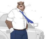  2016 anthro belly bottomwear brown_body brown_fur car cigarette clothing fur kemono male mammal overweight overweight_male pants ryuta-h shirt smoke smoking solo topwear ursid vehicle 