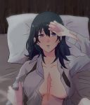  1girl bed blue_eyes blue_hair blush breasts breasts_apart byleth_(fire_emblem) byleth_(fire_emblem)_(female) fire_emblem fire_emblem:_three_houses long_sleeves looking_at_viewer lying no_bra on_back open_clothes open_mouth open_shirt parted_lips pillow pov raki_(kuroe) scar solo_focus upper_body 