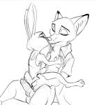  2020 animal_genitalia animal_penis anthro anthro_on_anthro balls canid canine canine_penis clothed clothing disney duo erection eyes_closed fox fur genitals judy_hopps kissing knot lagomorph leporid mammal nick_wilde on_lap open_shirt penis rabbit red_fox shirt simple_background sitting_on_lap sketch topwear trashtikko white_background zootopia 