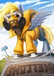  blonde_hair clothed clothed_feral clothing cloud day derpy_hooves_(mlp) detailed_background equid equine feathered_wings feathers female feral friendship_is_magic grey_body grey_feathers hair mailbox mammal mask my_little_pony outside pterippus sky solo wings yellow_eyes zazush-una 