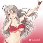 1girl bangs bikini breasts brown_eyes c2_kikan cleavage cup drinking_glass eyebrows_visible_through_hair hair_between_eyes holding holding_cup jiji kantai_collection large_breasts light_brown_hair long_hair navel official_art open_mouth pola_(kantai_collection) red_background red_bikini solo swimsuit upper_body 