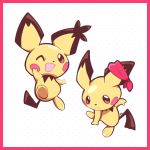  :&lt; :d ^_^ artsy-rc border closed_eyes commentary ear_ornament english_commentary gen_2_pokemon highres looking_at_viewer no_humans open_mouth pichu pokemon pokemon_(creature) polka_dot polka_dot_background red_border signature smile 