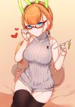  1girl andou_inari bare_arms blue_eyes breasts brown_background choumi_wuti_(xueye_fanmang_zhong) closed_mouth fox_girl fox_tail glasses heart highres large_breasts orange_hair robot_ears robot_joints sitting solo sweater tail thighhighs virtual_youtuber vr_link 