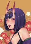  1girl bob_cut breasts collarbone fangs fate/grand_order fate_(series) floral_background lips noriuma off-shoulder_kimono oni_horns portrait purple_eyes purple_hair shiny shiny_skin short_hair shuten_douji_(fate/grand_order) small_breasts solo tongue tongue_out 