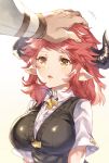  1boy 1girl bangs breasts brown_eyes commentary_request draph eno_yukimi eyebrows_visible_through_hair granblue_fantasy highres horns large_breasts open_mouth out_of_frame petting pointy_ears pov pov_hands red_hair shiny shiny_clothes shiny_hair short_hair short_sleeves simple_background sturm_(granblue_fantasy) upper_body white_background 