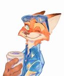  2020 anthro canid canine cheek_tuft clothed clothing disney eyewear facial_tuft fox fur green_eyes holding_cup holding_object looking_at_viewer mammal neck_tuft necktie nick_wilde one_eye_closed orange_body orange_fur painting_(artwork) red_fox shirt simple_background smile solo strawberry628_(artist) sunglasses topwear traditional_media_(artwork) tuft watercolor_(artwork) white_background wink zootopia 