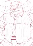  anthro blush clothing cute_fangs erection genitals kemono lying male mammal overweight overweight_male penis pillow ryuta-h shirt solo topwear ursid 
